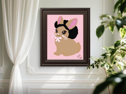 Pretty Afro Bunny- Toffee | Easter Holiday Bunny ACEO| Wallpaper | 8.5 x 11 in | Pink Background