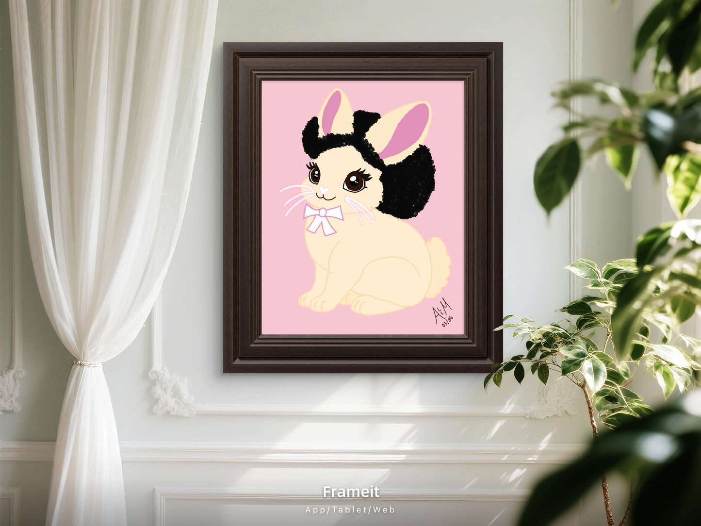 Pretty Afro Bunny- Honeybun | Easter Holiday Bunny ACEO| Wallpaper | 8.5 x 11 in | Pink Background