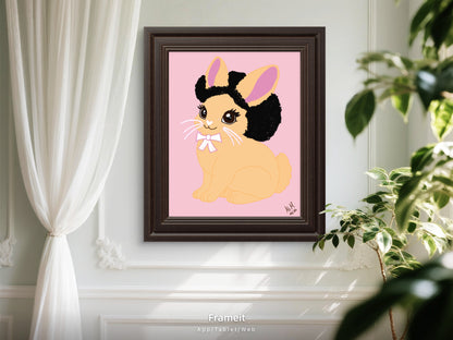 Pretty Afro Bunny- Tawny | Easter Holiday Bunny ACEO| Wallpaper | 8.5 x 11 in | Pink Background