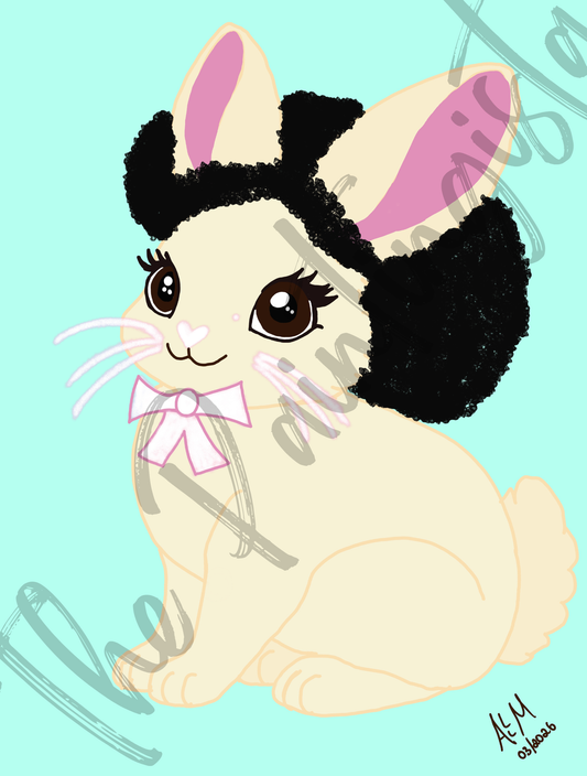 Pretty Afro Bunny- Buttercream | Easter Holiday Bunny ACEO| Wallpaper | 8.5 x 11 in | Pink Background