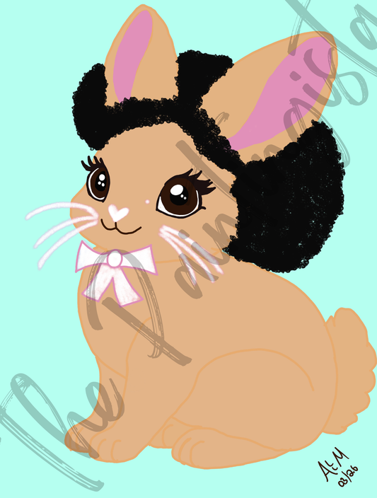 Pretty Afro Bunny- Golden | Easter Holiday Bunny ACEO| Wallpaper | 8.5 x 11 in | Pink Background
