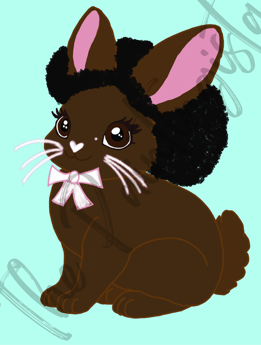 Pretty Afro Bunny- Mocha | Easter Holiday Bunny ACEO| Wallpaper | 8.5 x 11 in | Pink Background