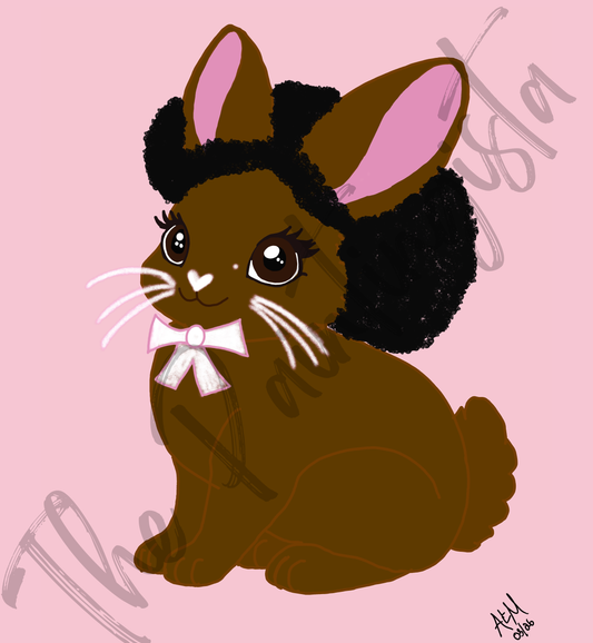Pretty Afro Bunny- Cocoa | Easter Holiday Bunny ACEO| Wallpaper | 8.5 x 11 in | Pink Background