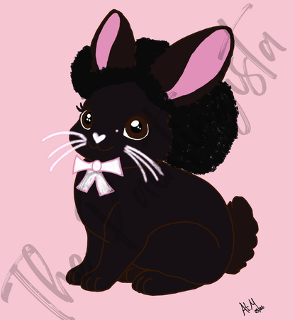 Pretty Afro Bunny- Ebony | Easter Holiday Bunny ACEO| Wallpaper | 8.5 x 11 in | Pink Background