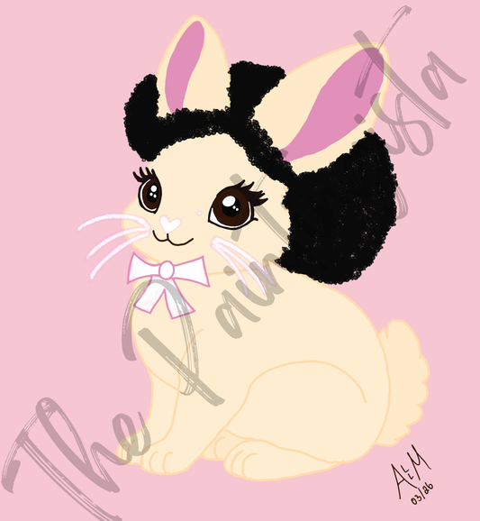 Pretty Afro Bunny- Honeybun | Easter Holiday Bunny ACEO| Wallpaper | 8.5 x 11 in | Pink Background