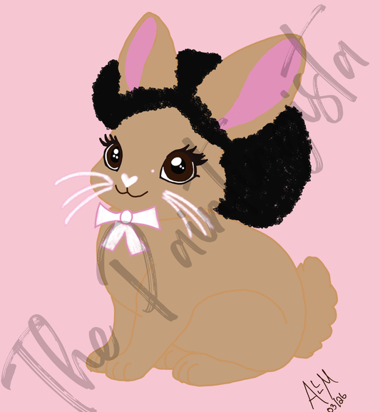 Pretty Afro Bunny- Toffee | Easter Holiday Bunny ACEO| Wallpaper | 8.5 x 11 in | Pink Background