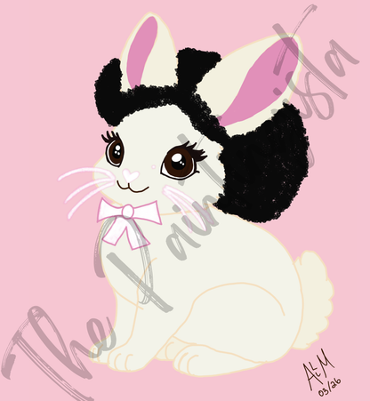 Pretty Afro Bunny- Marshmallow | Easter Holiday Bunny ACEO| Wallpaper | 8.5 x 11 in | Pink Background
