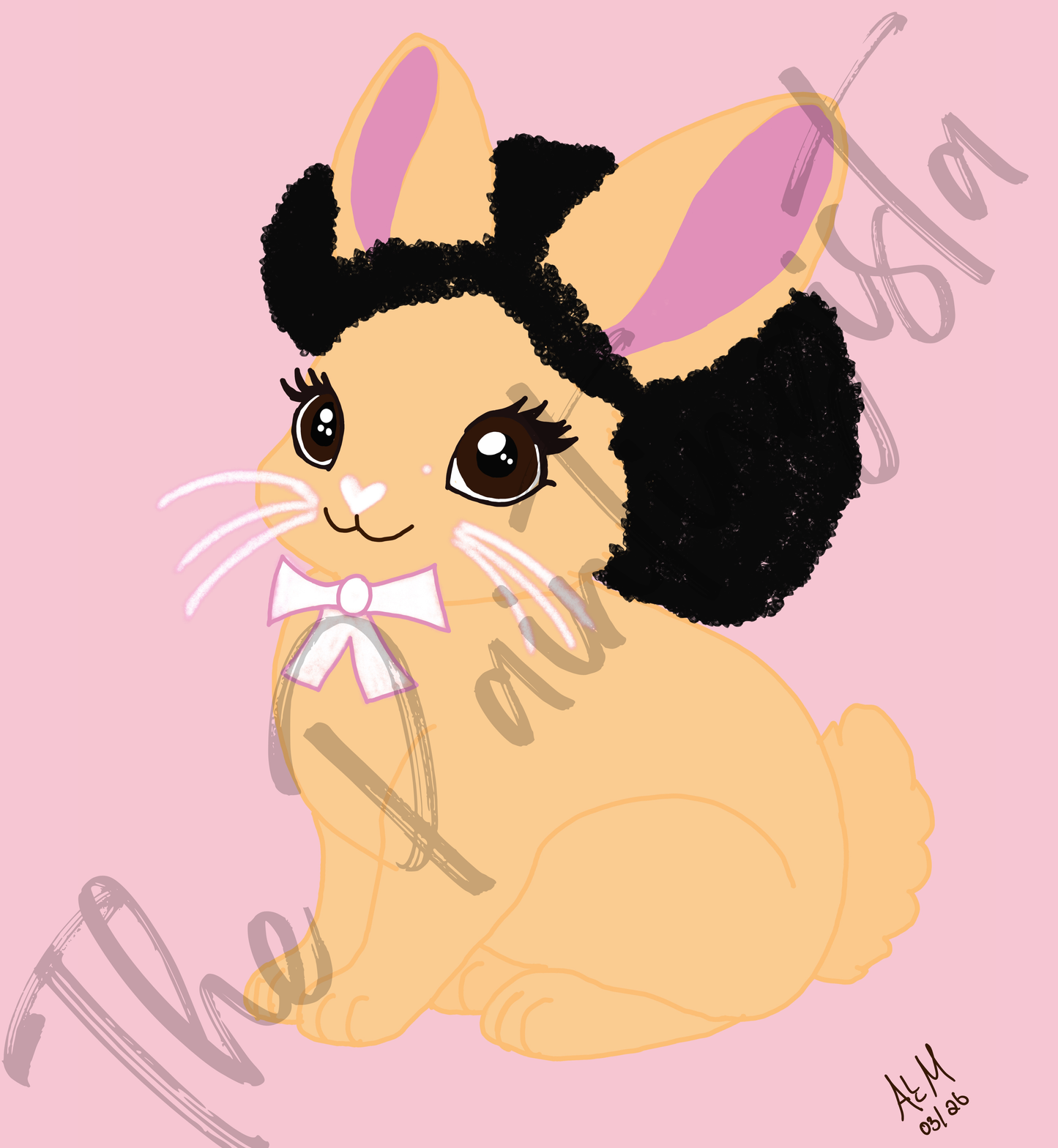 Pretty Afro Bunny- Tawny | Easter Holiday Bunny ACEO| Wallpaper | 8.5 x 11 in | Pink Background