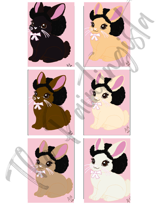 Pretty Afro Bunnies | ACEO Digital Art Pintables | Easter Bunny 2.5x3.5 inches