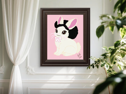 Pretty Afro Bunny- Marshmallow | Easter Holiday Bunny ACEO| Wallpaper | 8.5 x 11 in | Pink Background