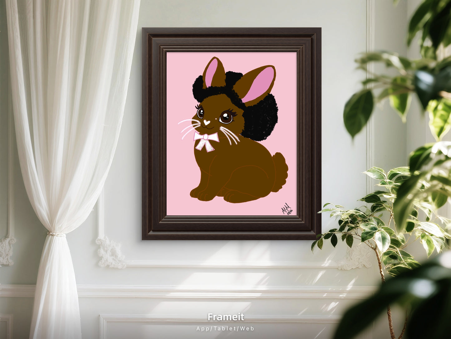 Pretty Afro Bunny- Cocoa | Easter Holiday Bunny ACEO| Wallpaper | 8.5 x 11 in | Pink Background